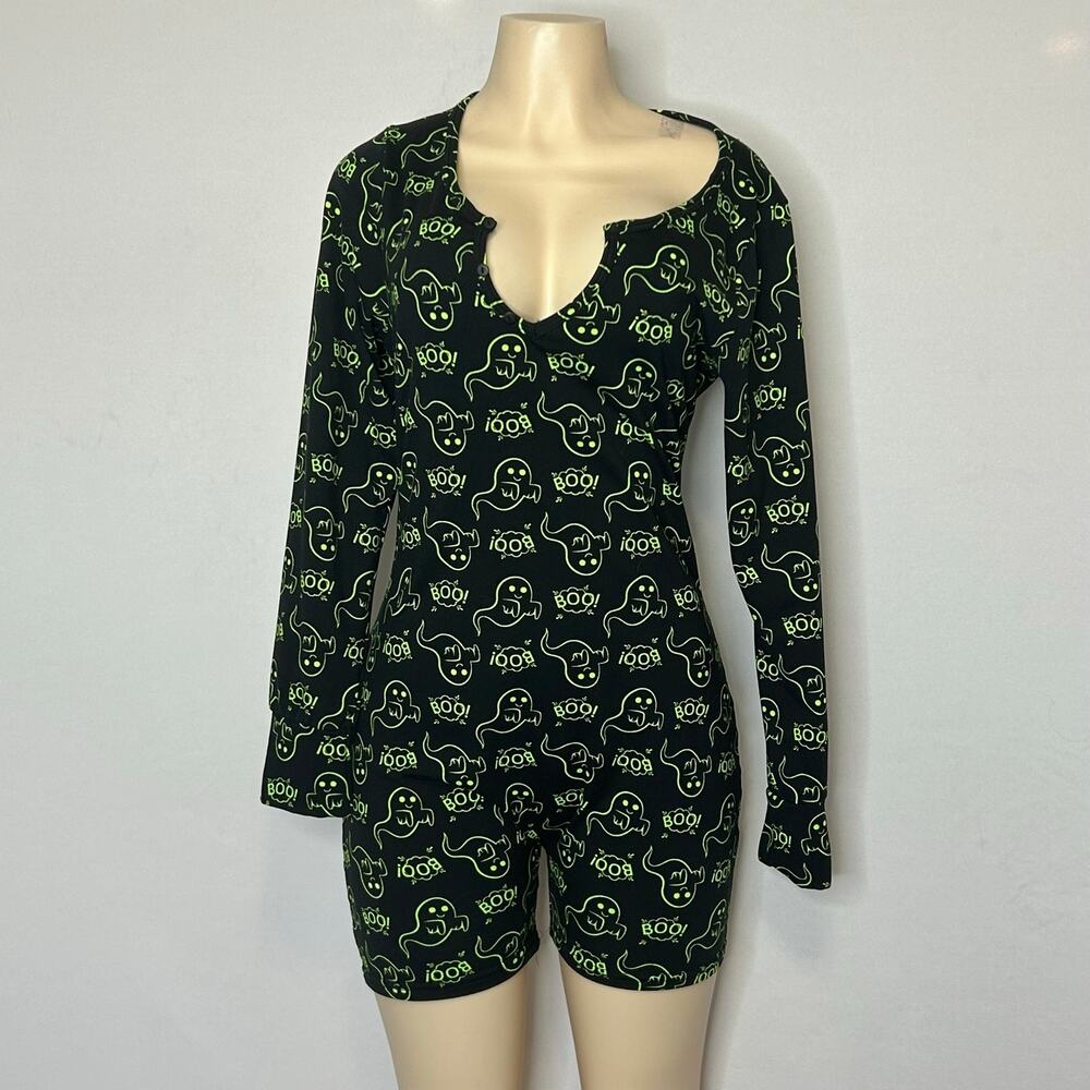 Shosho Halloween Ghost Romper Women’s XL Black Neon Green Long Sleeve